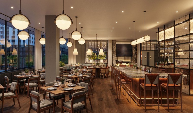 A stone bar top and custom lighting add to the luxe feel of Toro Toro's dining space. - RENDERING BY FOUR SEASONS HOTEL