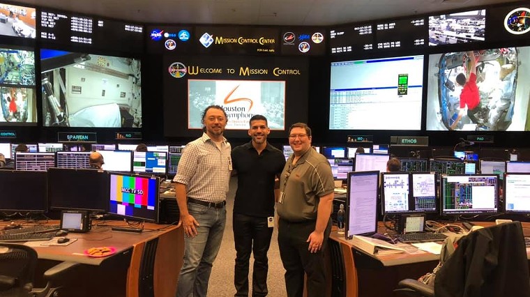 Houston Symphony's musical ambassador Carlos Andres Botero, former composer-in-residence Jimmy López Bellido and chorus member Randy Eckman buddy up at NASA. - PHOTO BY RANDY ECKMAN