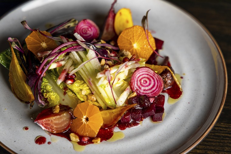 The Ensalada de Noche Buena is a beautiful first course. roasted heirloom beets, green apple, jicama, candied peanuts and pomegranate. - PHOTO BY RICHARD SANDOVAL HOSPITALITY