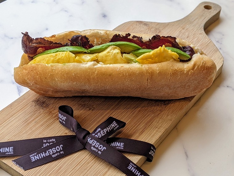 The breakfast baguette comes with a choice of smoked salmon or beef bacon on top of scrambled eggs. - PHOTO BY TINA ZULU