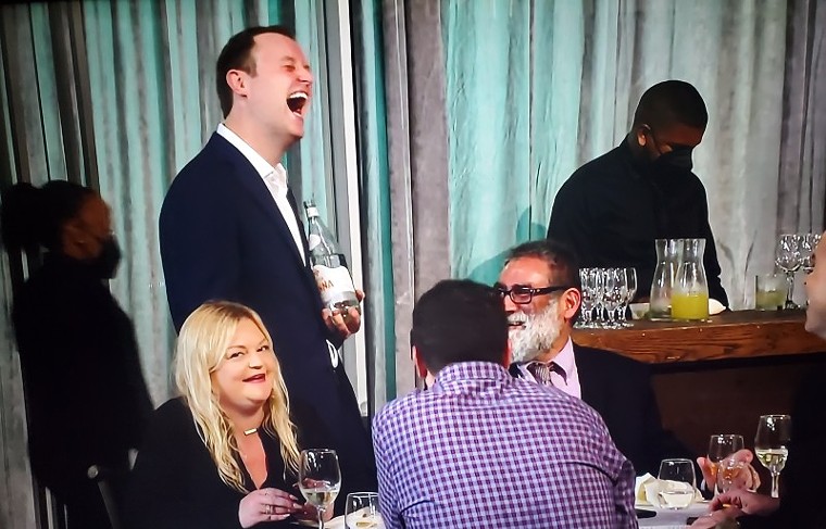 Our table shares a laugh with contestant Jackson Kalb - SCREENSHOT