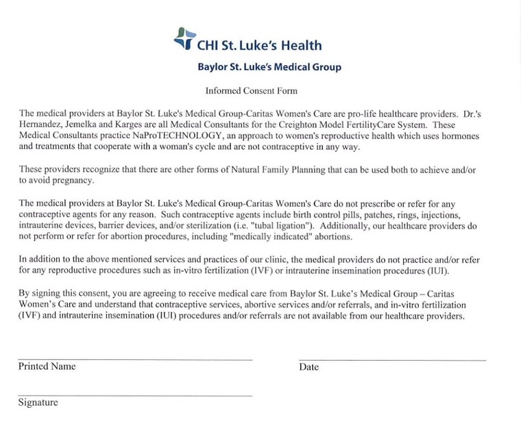 FORM PROVIDED BY A POTENTIAL ST. LUKE'S PATIENT.
