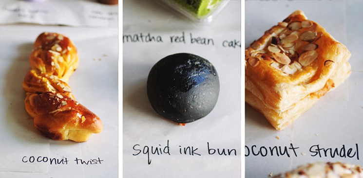 From left to right: coconut twist, squid ink bun, coconut strudel. - PHOTO BY ERIKA KWEE