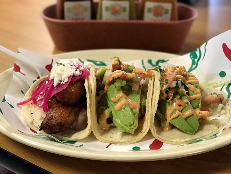 Enjoy these vegetarian tacos for only $2.50 each at Habanero's Tacos. - PHOTO BY JENNIFER FULLER