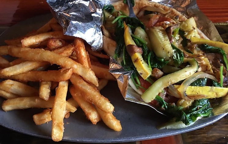This gyro stuffed with veggies will be a meatless favorite at Bakkhus Taverna. - PHOTO BY JENNIFER FULLER