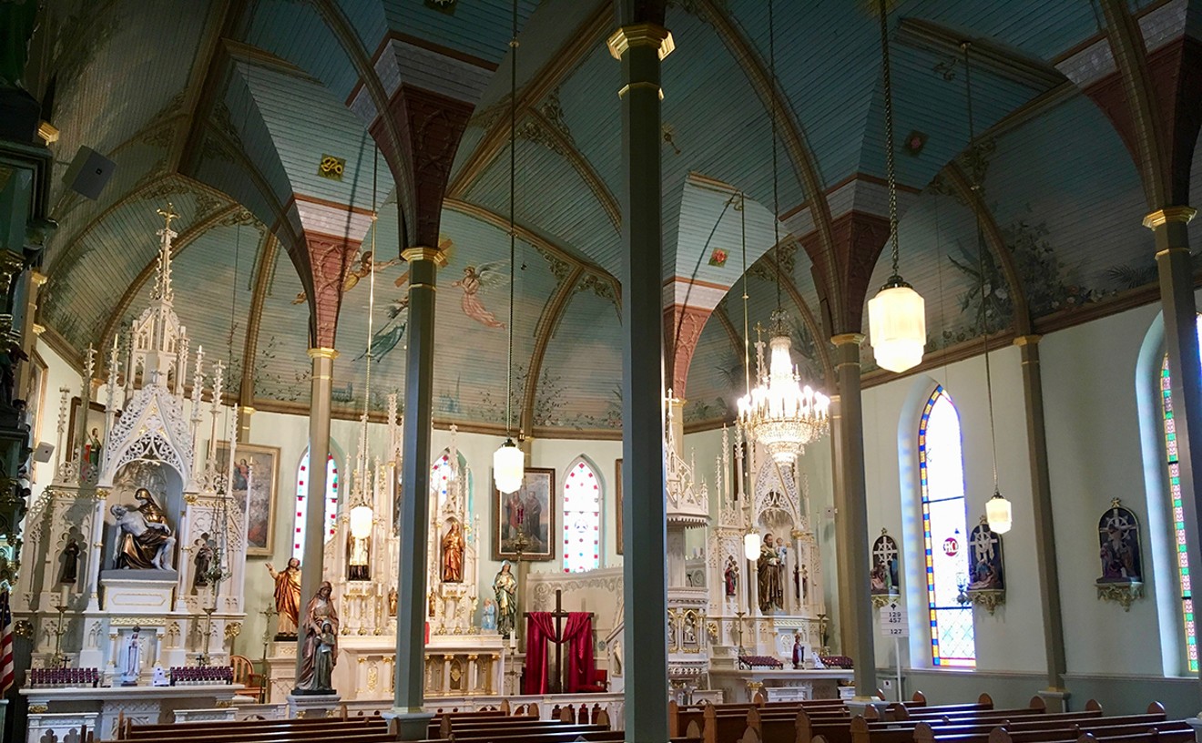 St. Mary's Church of the Assumption was built in 1895 in Praha (near Flatonia) in Fayette County. Swiss-born artist Gottfried Flury painted the ceiling using jewel tones of greens and blues; other artists added to the ornamentation over the years.