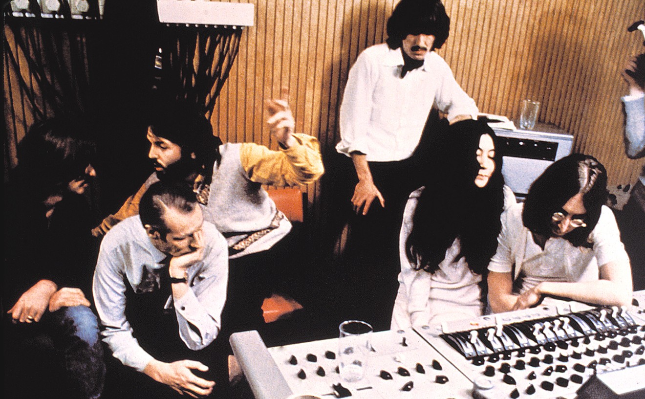 George Martin, the Beatles, and Yoko Ono at Apple Studios during the tense January 1969 "Get Back" sessions that would be the tail end of the "Let It Be" soundtrack.