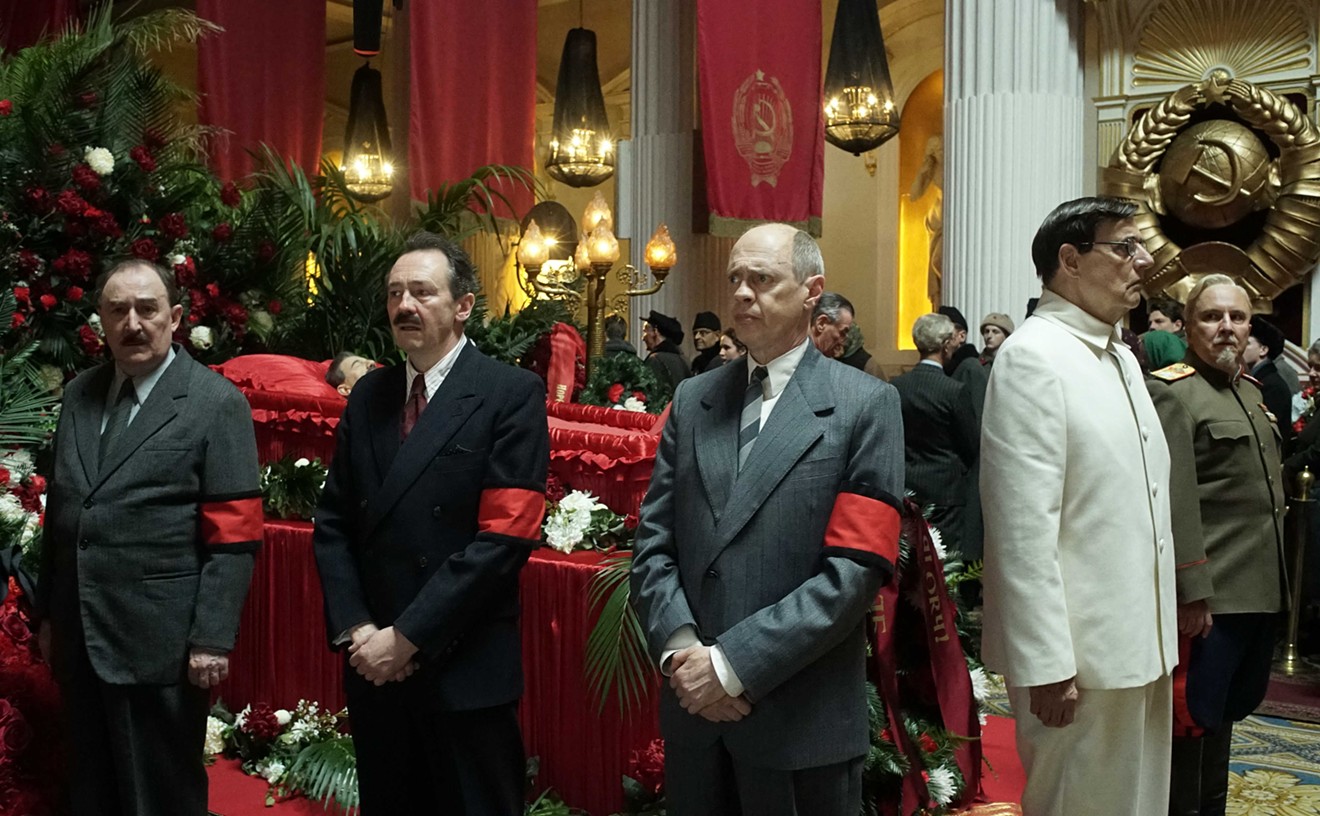 Steve Buscemi (third from left) plays an awkwardly scheming Nikita Khrushchev, who sounds curiously like a mousy Brooklyn wise-ass, in Armando Iannucci’s foul-mouthed and funny The Death of Stalin.