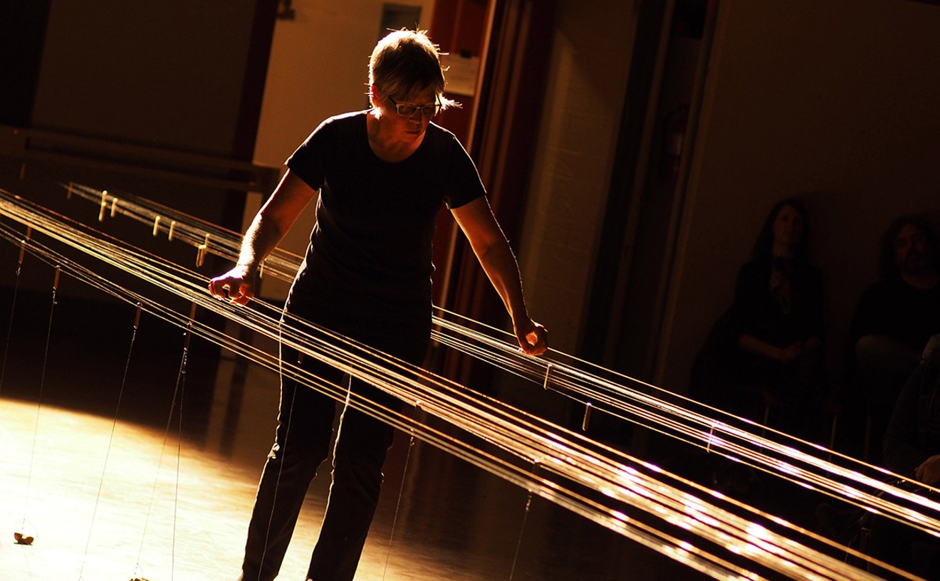Long String instrument composer and performer Ellen Fullman, shown during a concert at 2014's send + receive festival of sound in Winnipeg. Here in Houston she will "play" the atrium at UH's College of Architecture and Design.
