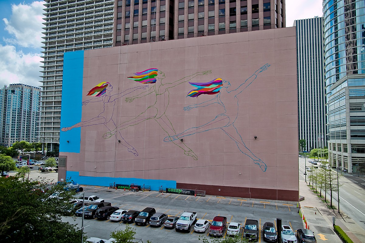 International artist C. Finley began work in March on this 30,000 square foot mural at 1415 Louisiana, her largest commission to date and Houston's largest mural.