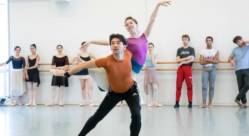 Principals Melody Mennite and Charles-Louis Yoshiyama with Artists of Houston Ballet rehearsing Stanton Welch’s World Premiere Sylvia.