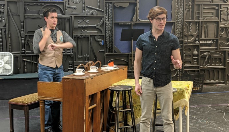Ben Miller and Trace Pool in rehearsal for Stages Repertory Theatre's production of Murder for Two.