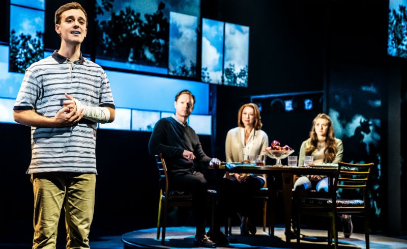 Stephen Christopher Anthony as Evan Hansen and the Broadway touring company of Dear Evan Hansen.