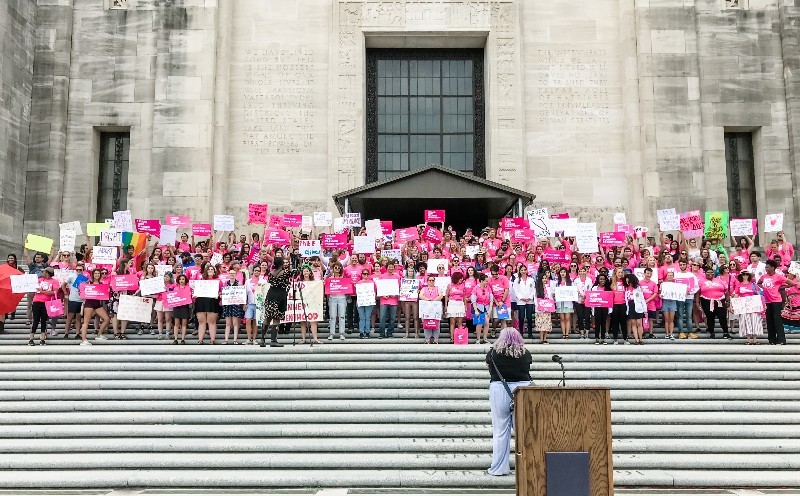 Pro-choice advocates protested in front of the Louisiana State Capitol last year in opposition to a state law that placed drastic restrictions on abortion access. In a 5-4 decision, the Supreme Court overruled that law on Monday morning.