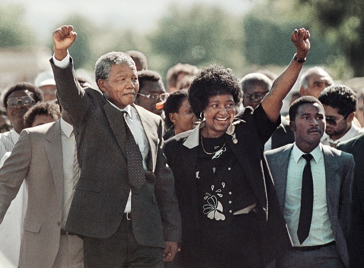 Mandela with a raised fist, moments after his release from prison (after 27 years) on February 11, 1990.
