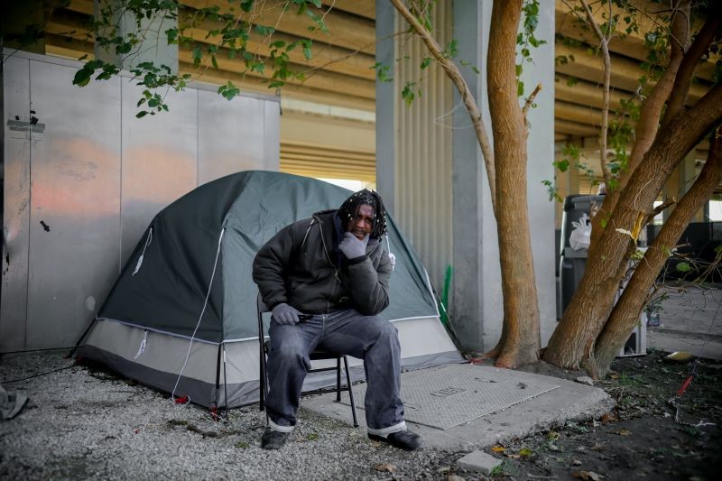 Chris Sonnier, homeless and living in a tent downtown, would be caught in the path of TxDOT's I-45 expansion plan.