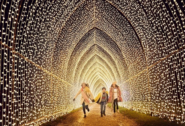Towering cathedral arch tunnel sparkling with 100,000 lights