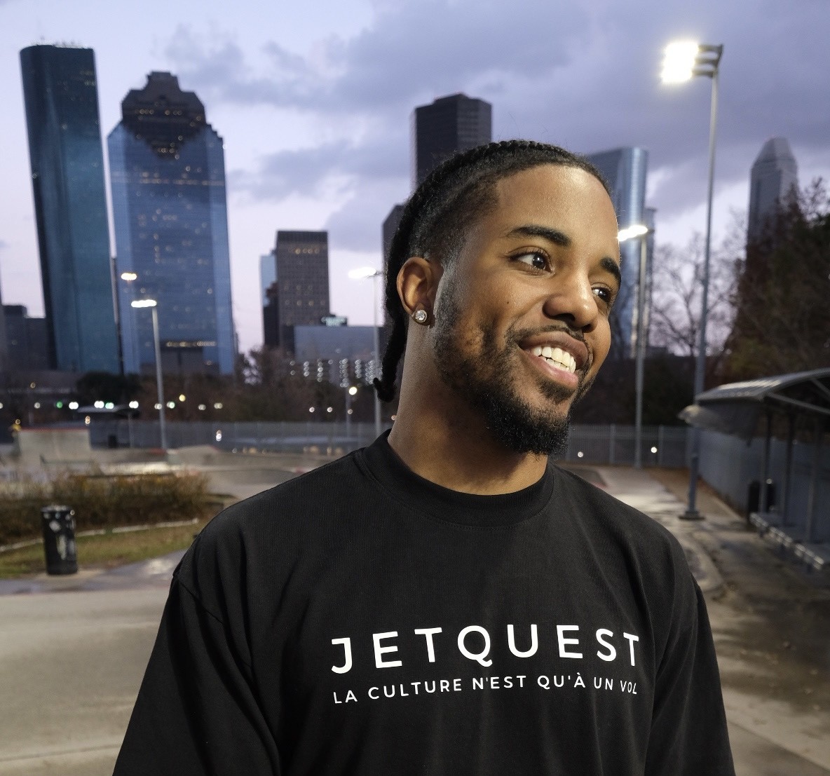 Photo of JetQuest founder Jonathon Lewis modeling the JetQuest Clothing line