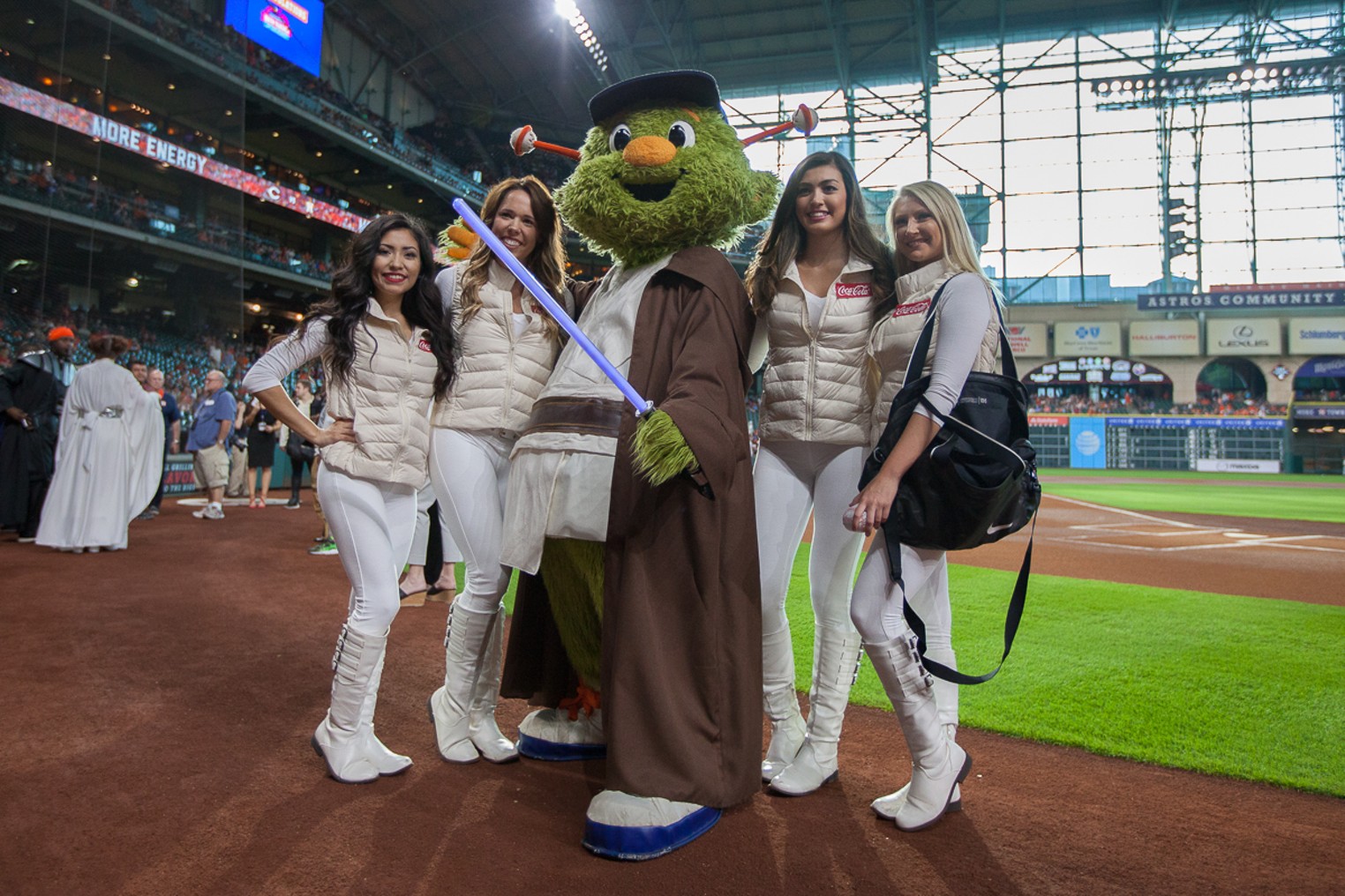 June 9, 2017: Houston Astros mascot Orbit wears a Jedi outfit for Star Wars  Night at a Major League Baseball game between the Houston Astros and the  Los Angeles Angels at Minute Maid Park in Houston, TX. The Angels won the  game 9-4Trask Smith