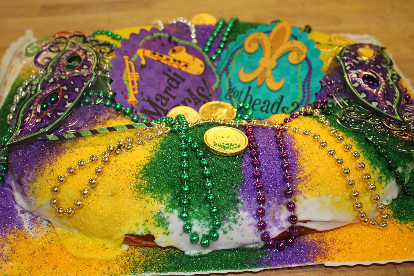The king cakes from Three Brothers Bakery are made in the classic Louisiana style, filled with cream cheese or fruit flavors and topped with colorful sanding sugar on white icing.