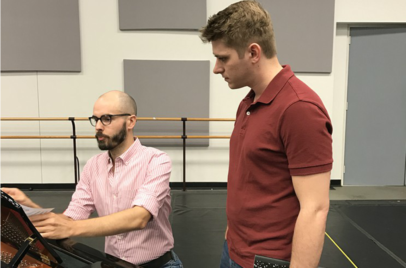 Patrick Harvey and Mitchell Greco plan for a staging rehearsal of Das Barbecü.