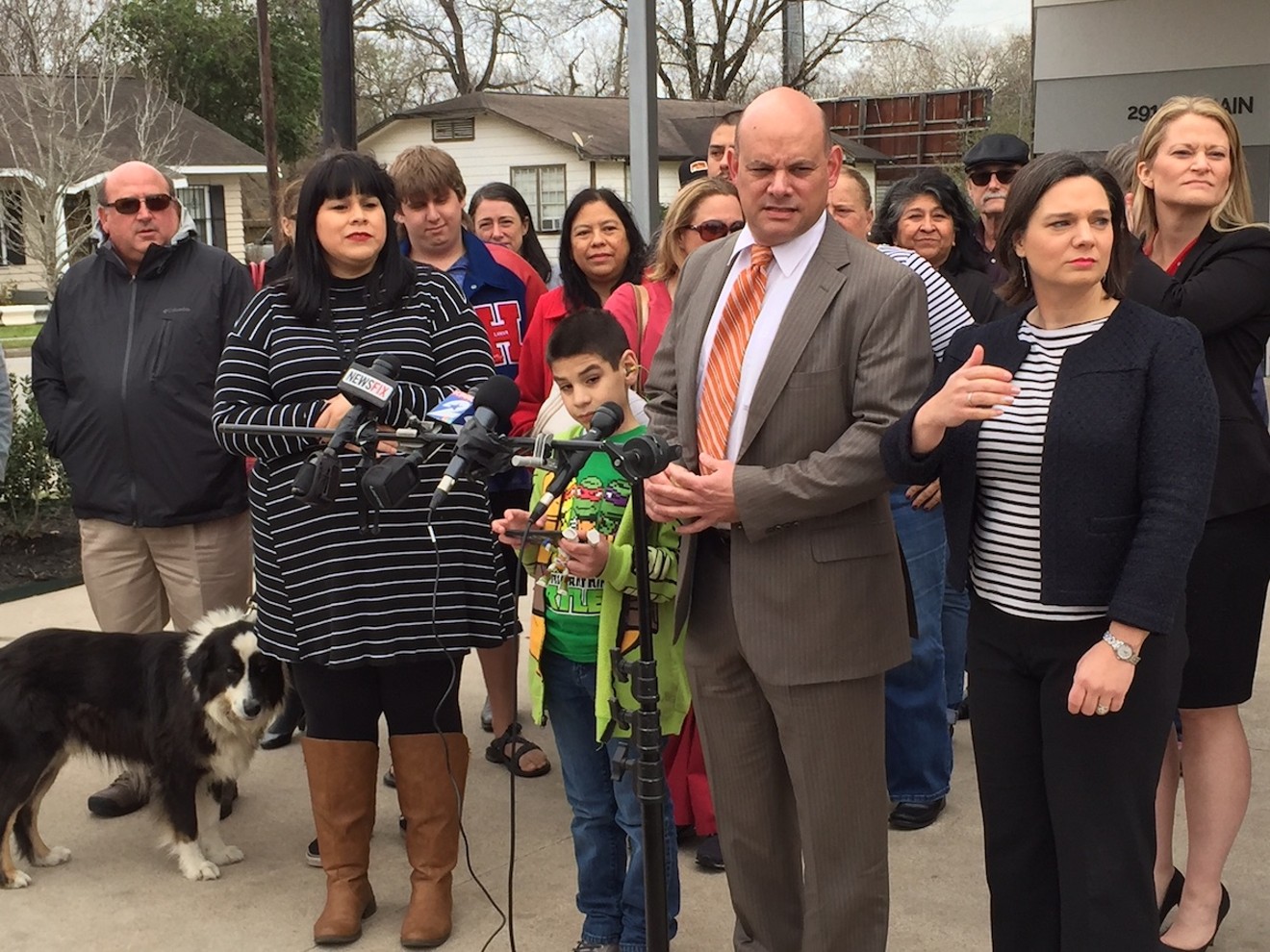 Cris Feldman (third from right), lead attorney for the group of neighbors suing White Oak Music Hall, called on Houston mayor Sylvester Turner to announce the results of the city's investigation of its agreement with the venue next week.