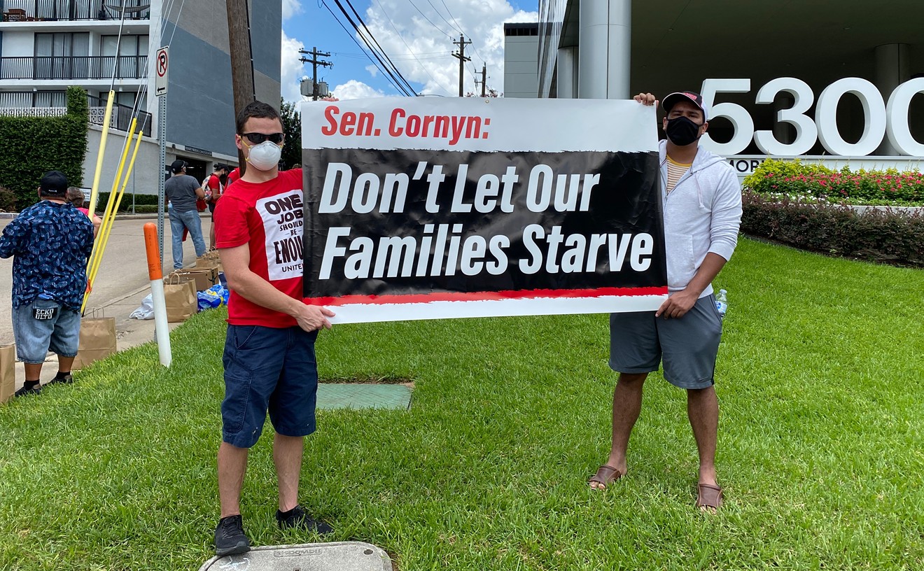 UNITE HERE union members demonstrated outside Sen. John Cornyn's Houston office to voice their support for renewing $600 weekly unemployment payments.